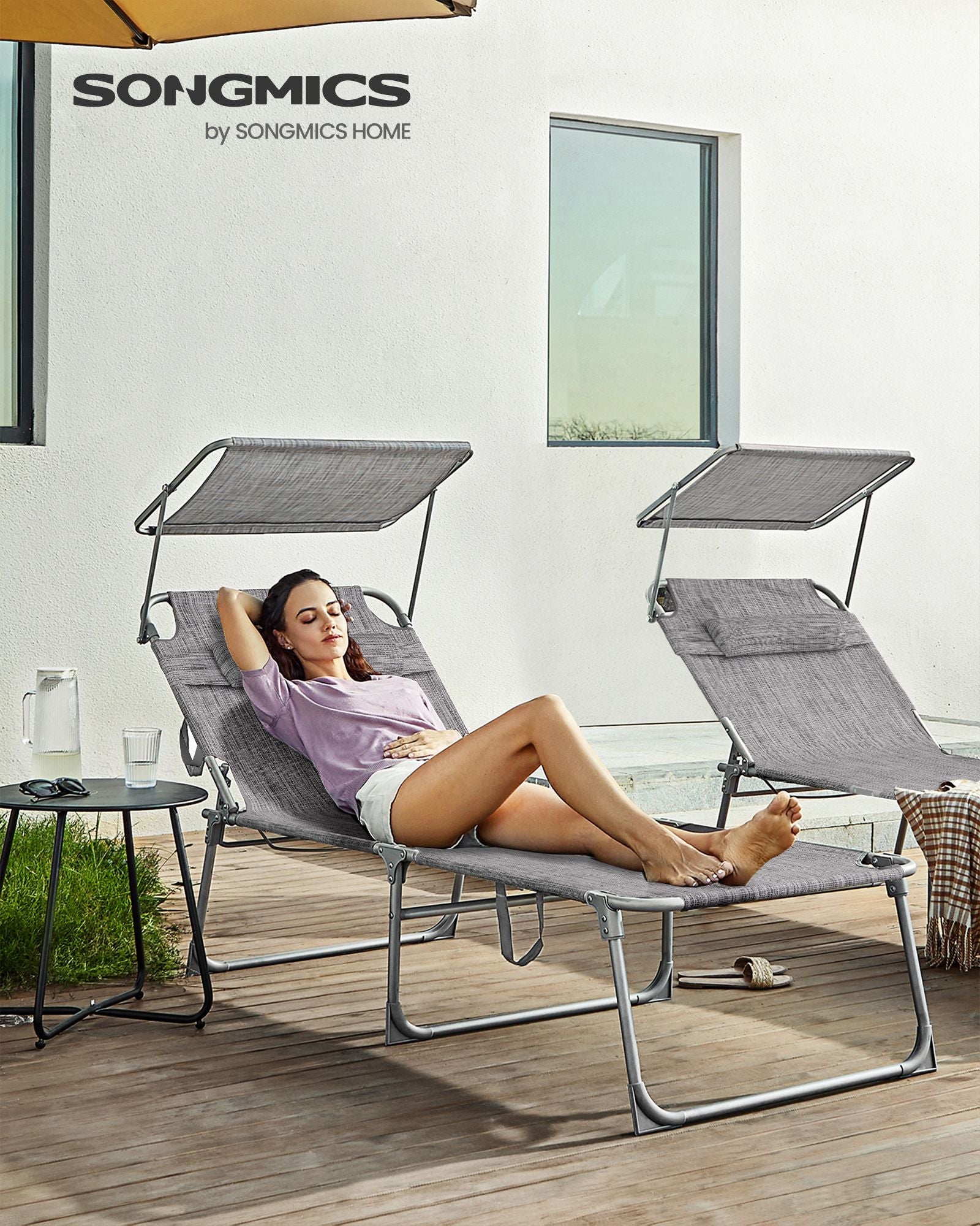 Folding Sun Lounger – Greige – Large Reclining Design with Adjustable Backrest and Sunshade
