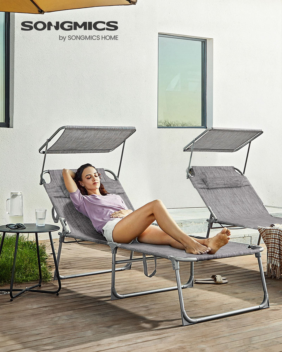 Folding Sun Lounger – Greige – Large Reclining Design with Adjustable Backrest and Sunshade