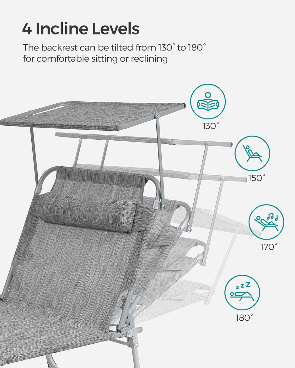 Folding Sun Lounger – Greige – Large Reclining Design with Adjustable Backrest and Sunshade