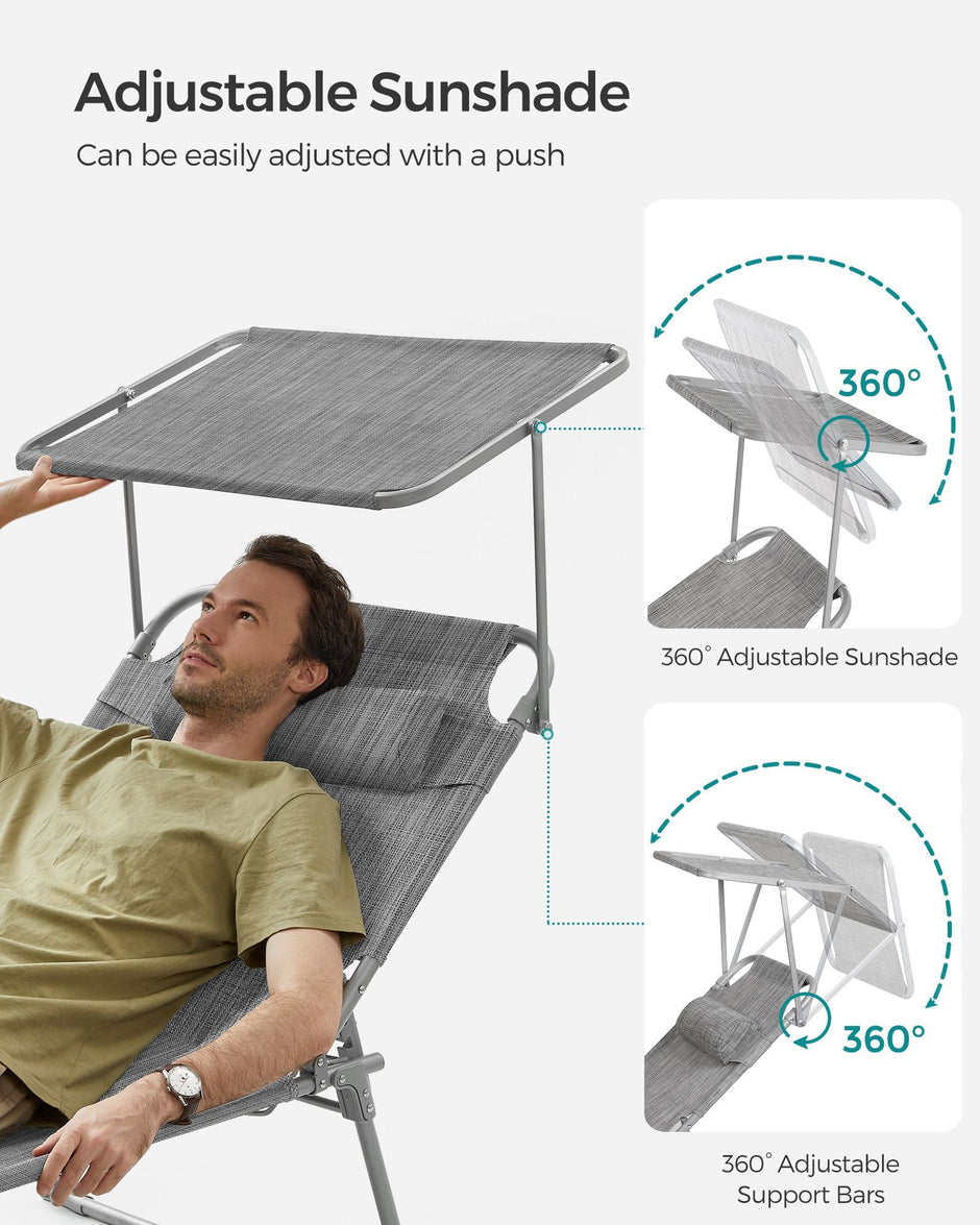 Folding Sun Lounger – Greige – Large Reclining Design with Adjustable Backrest and Sunshade