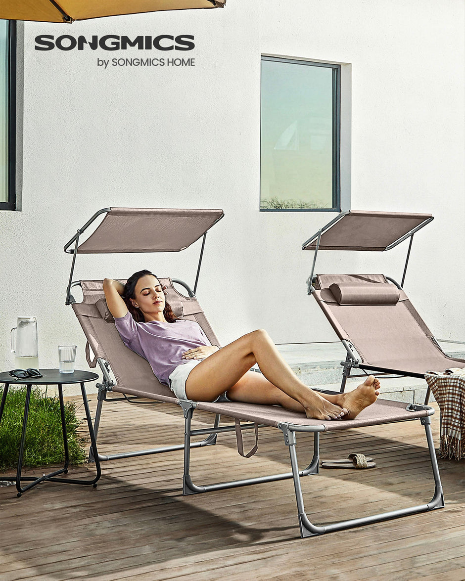 Large Reclining Sun Chair – Fabric – Grey – Adjustable Backrest with Sunshade Headrest