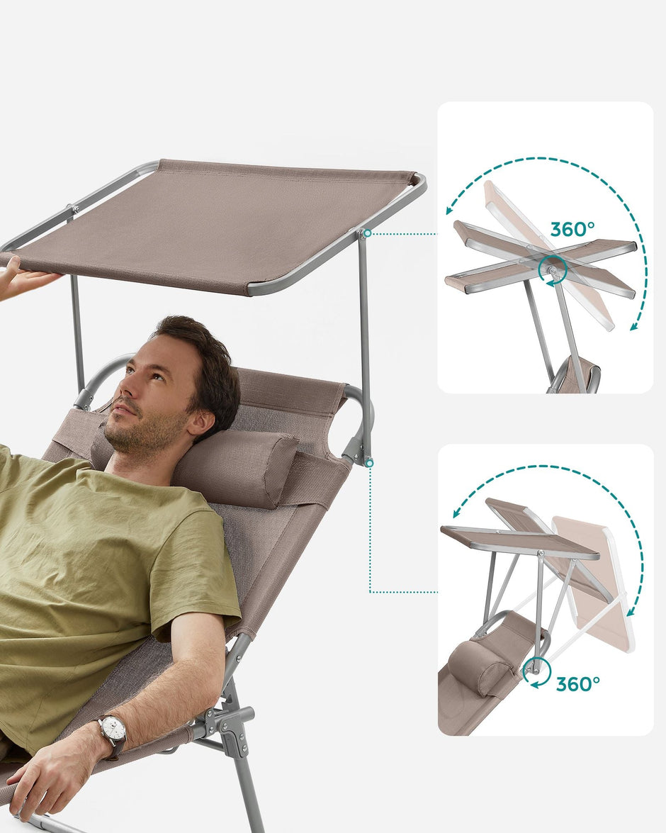 Large Reclining Sun Chair – Fabric – Grey – Adjustable Backrest with Sunshade Headrest