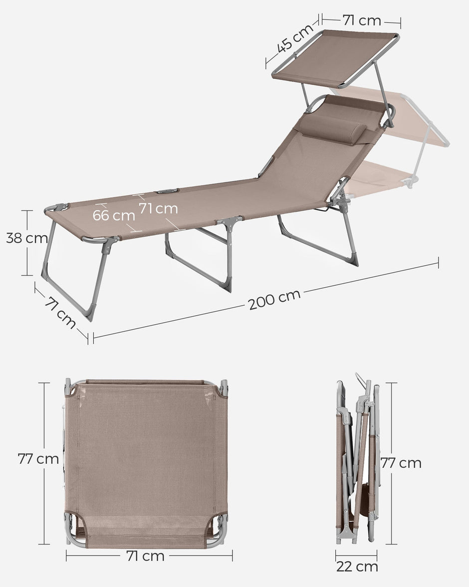 Large Reclining Sun Chair – Fabric – Grey – Adjustable Backrest with Sunshade Headrest
