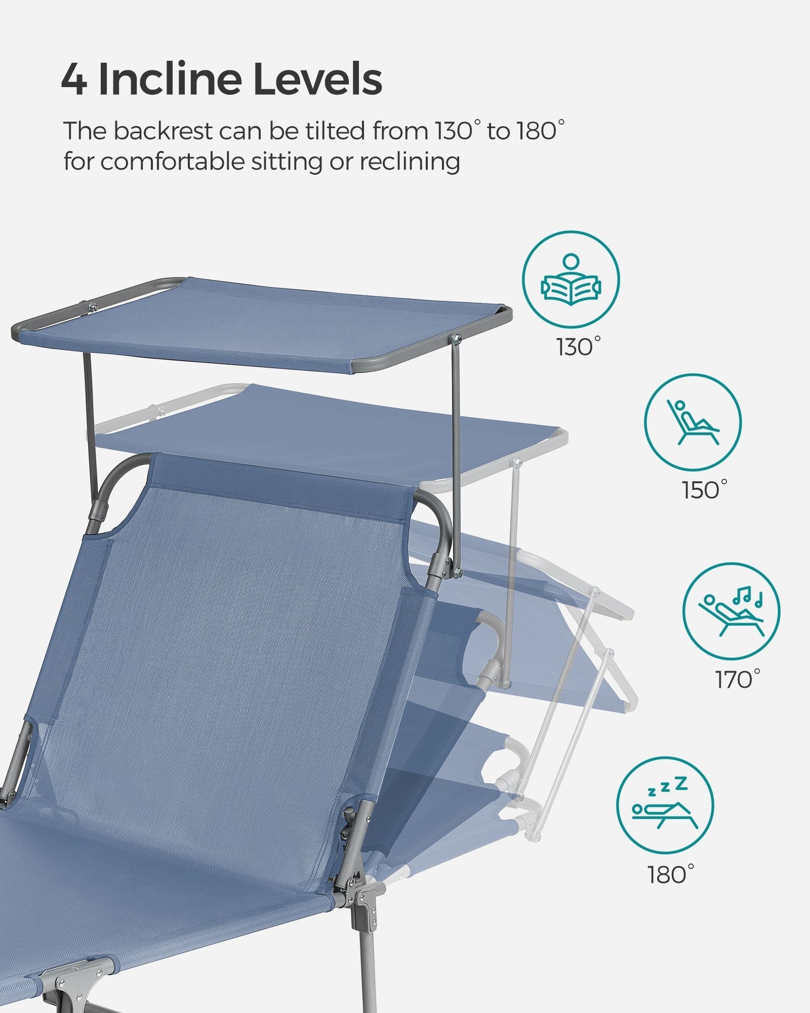 Folding Sun Lounger – Fabric – Misty Blue – Adjustable Backrest with Sunshade