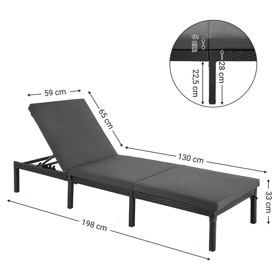 Sun Lounger – Rattan-Like – Smoky Grey and Black – Reclining Backrest with Thick Mattress