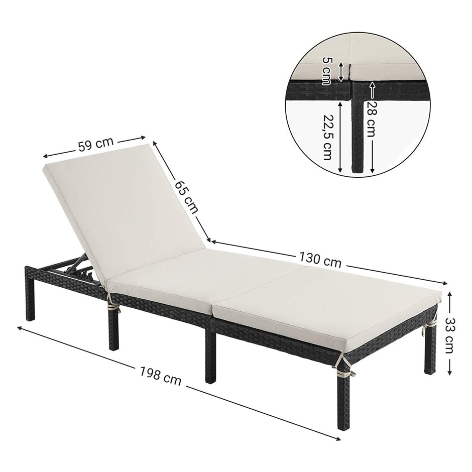 Sunbed – Rattan-Like Surface – Smoky Grey and Black – Reclining Backrest with 5 cm Thick Mattress