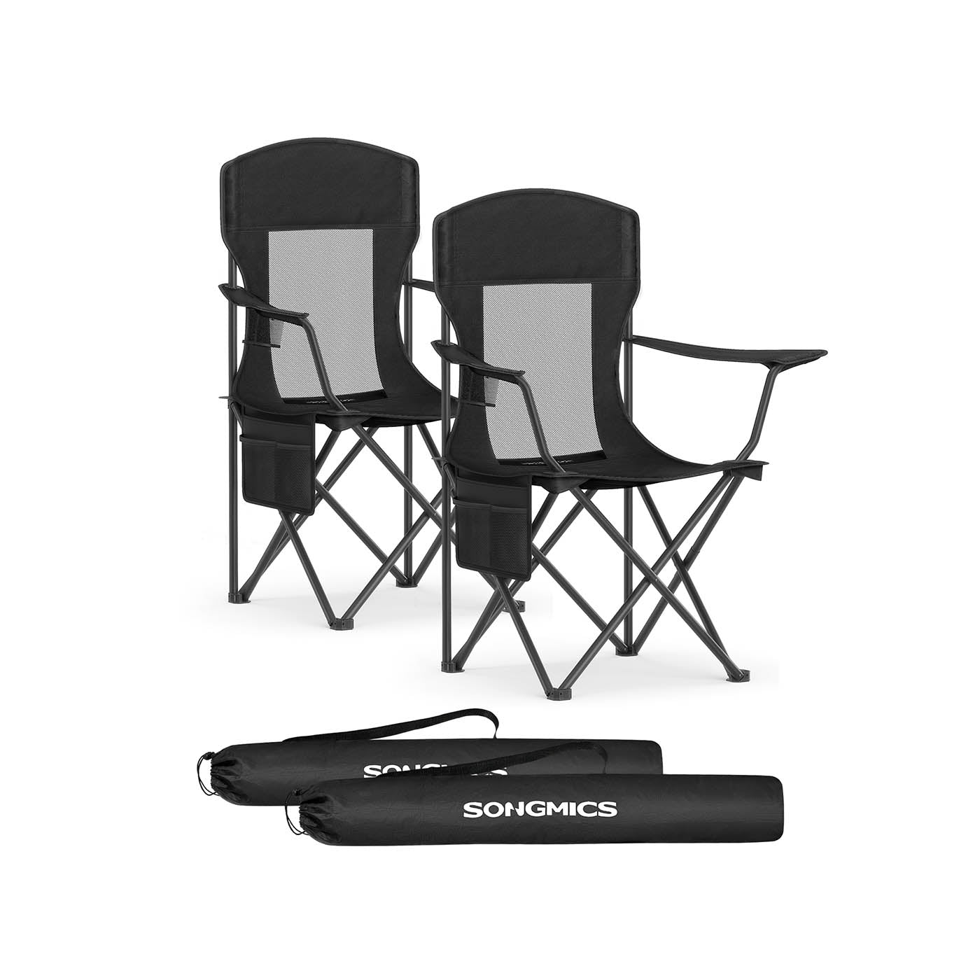 Camping Chairs Set of 2 – Fabric – Ink Black – High Backrest, Adjustable Armrests, Cup Holder