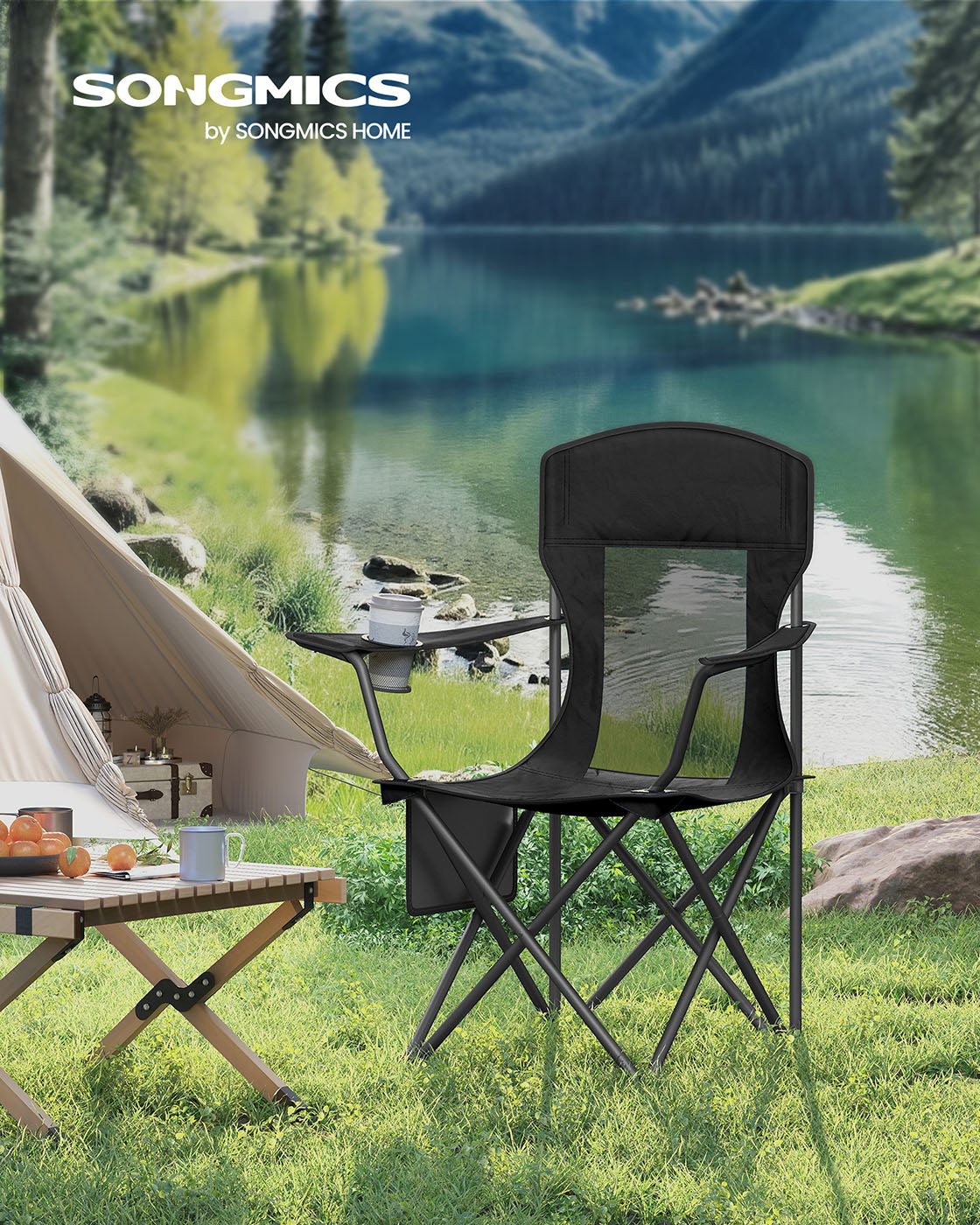 Camping Chairs Set of 2 – Fabric – Ink Black – High Backrest, Adjustable Armrests, Cup Holder