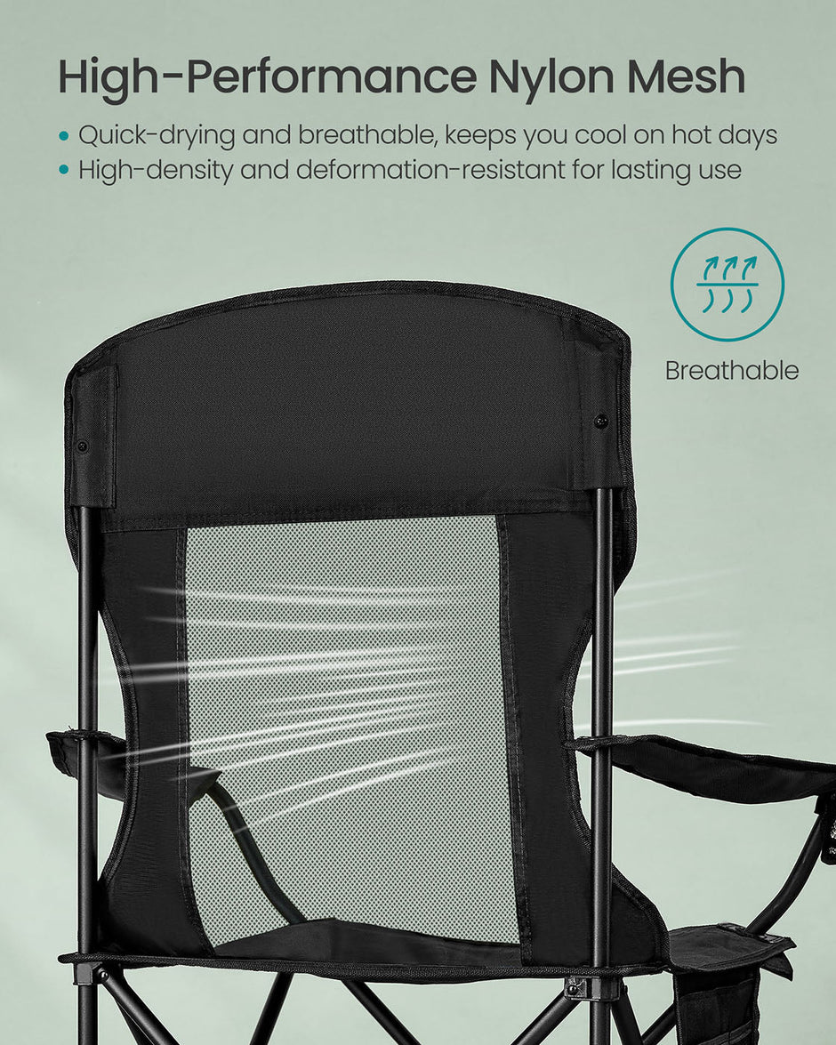 Camping Chairs Set of 2 – Fabric – Ink Black – High Backrest, Adjustable Armrests, Cup Holder