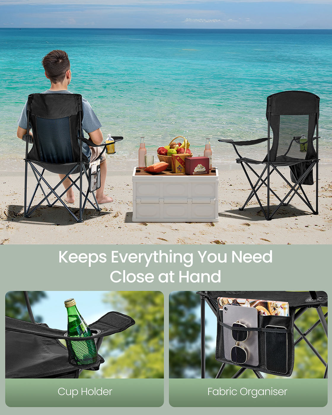 Camping Chairs Set of 2 – Fabric – Ink Black – High Backrest, Adjustable Armrests, Cup Holder