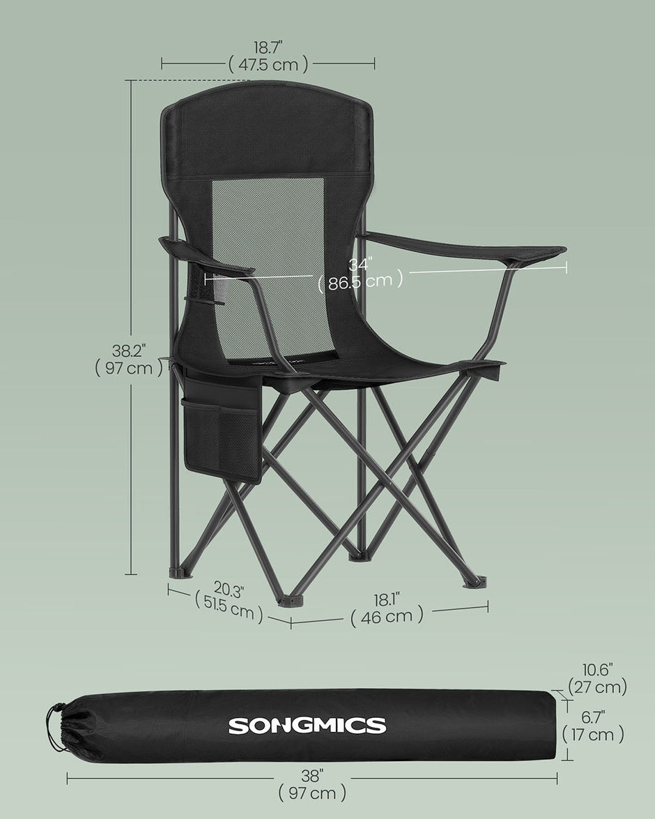Camping Chairs Set of 2 – Fabric – Ink Black – High Backrest, Adjustable Armrests, Cup Holder