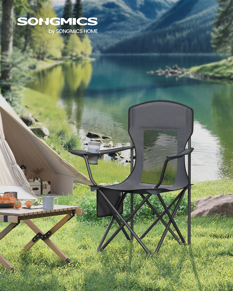 Camping Chairs Set of 2 – Fabric – Slate Grey – High Backrest, Adjustable Armrests, Cup Holder