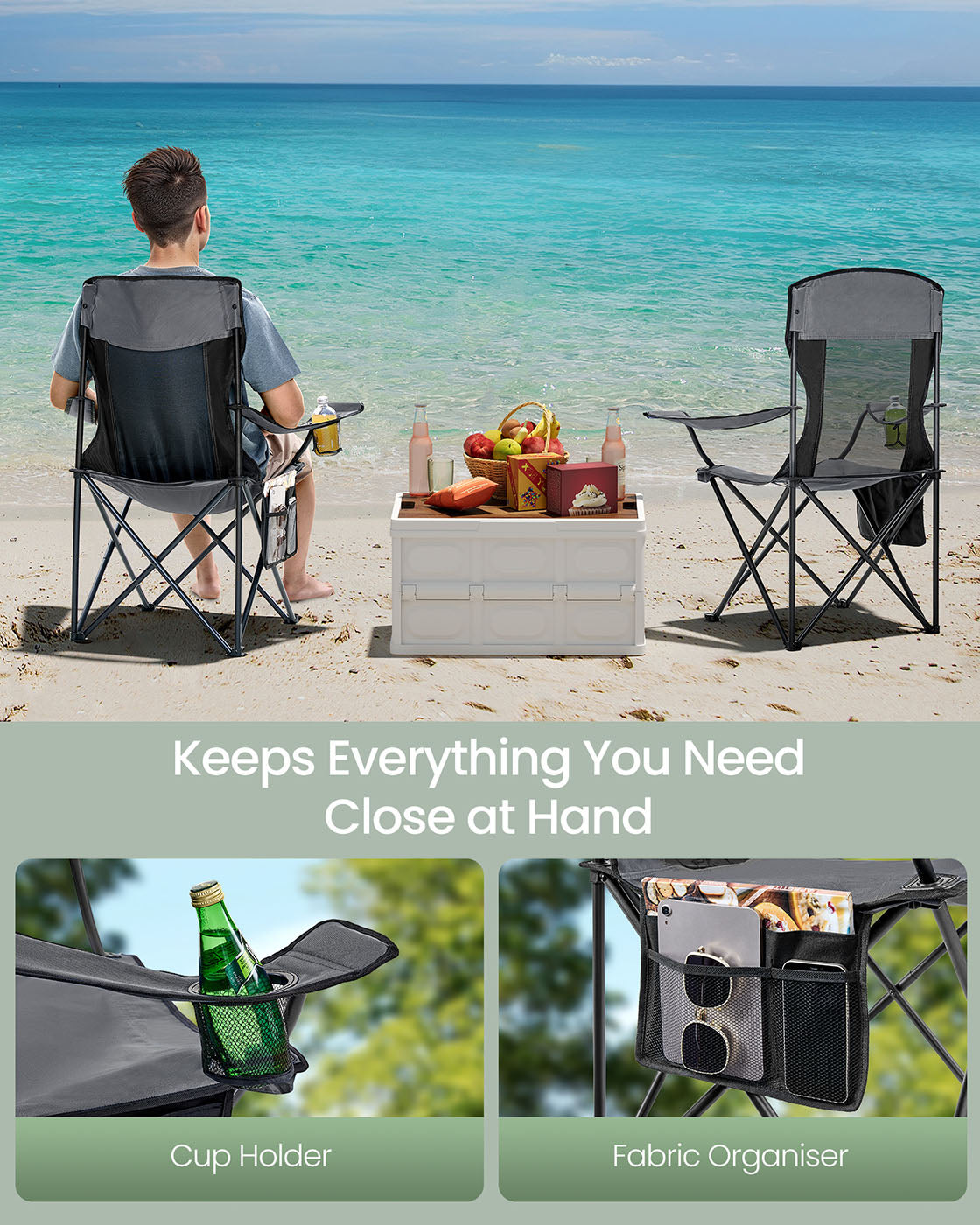 Camping Chairs Set of 2 – Fabric – Slate Grey – High Backrest, Adjustable Armrests, Cup Holder