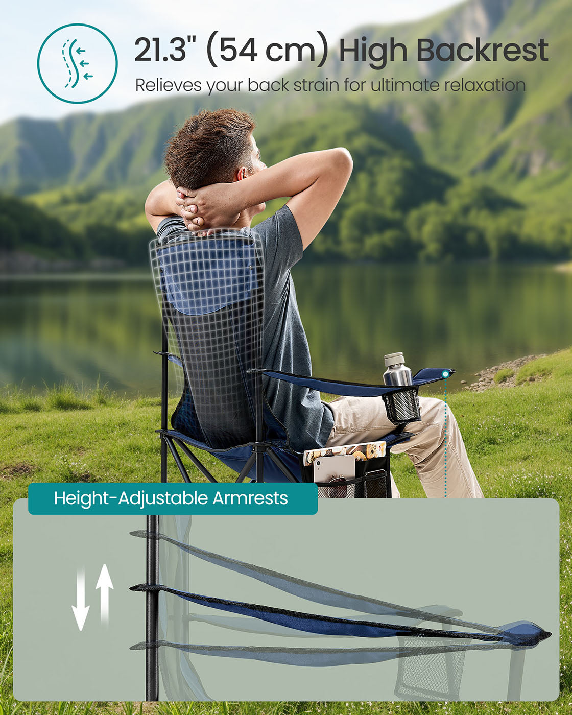 Camping Chairs Set of 2 – Fabric – Harbor Blue – High Backrest, Adjustable Armrests, Cup Holder