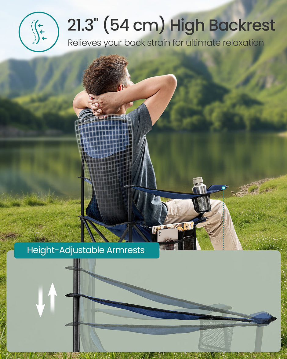 Camping Chairs Set of 2 – Fabric – Harbor Blue – High Backrest, Adjustable Armrests, Cup Holder
