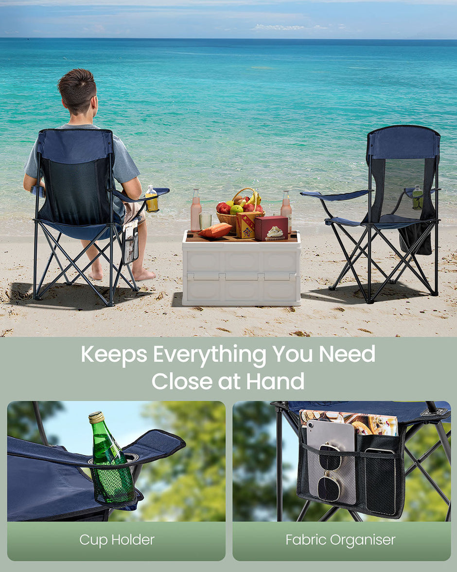 Camping Chairs Set of 2 – Fabric – Harbor Blue – High Backrest, Adjustable Armrests, Cup Holder