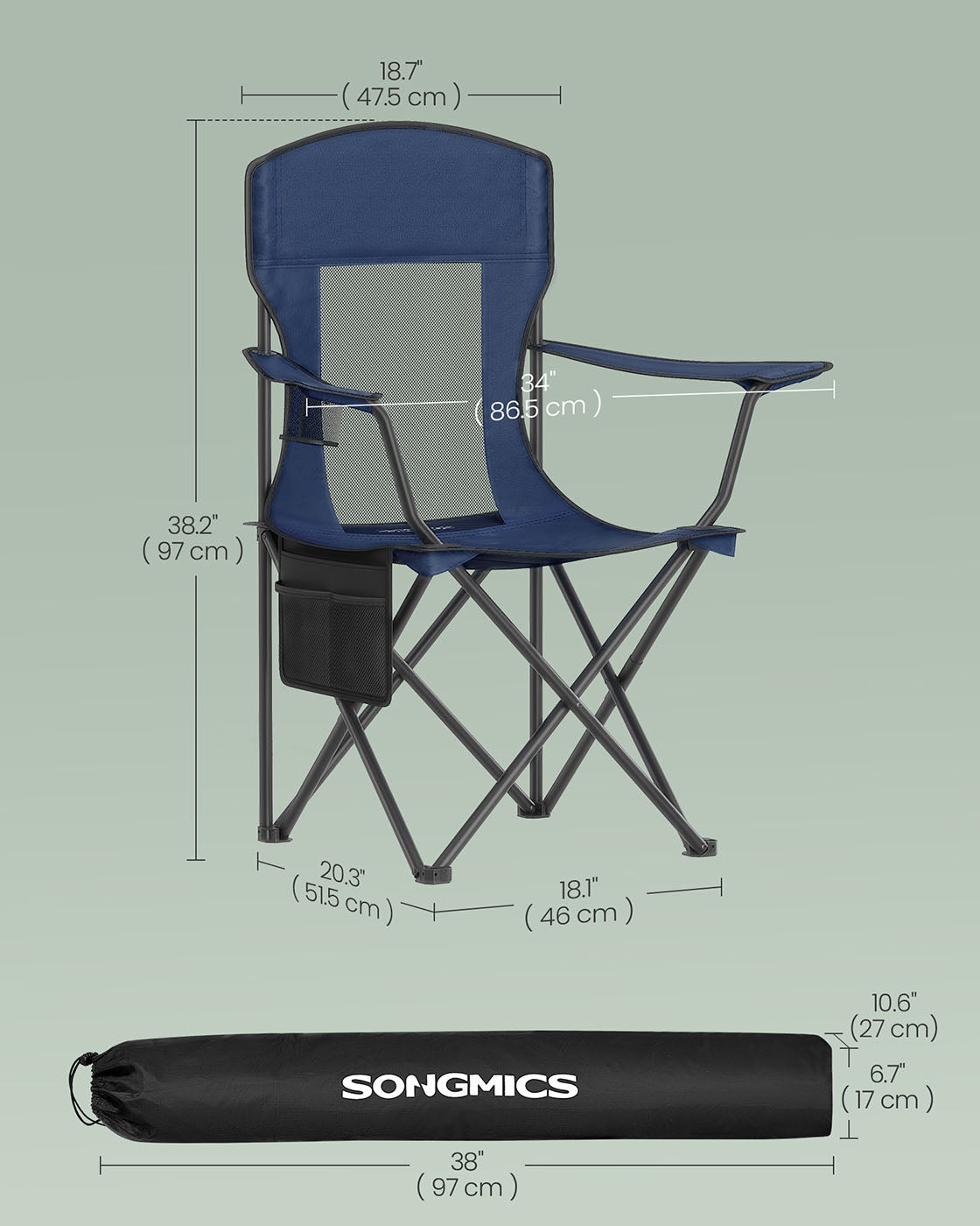 Camping Chairs Set of 2 – Fabric – Harbor Blue – High Backrest, Adjustable Armrests, Cup Holder