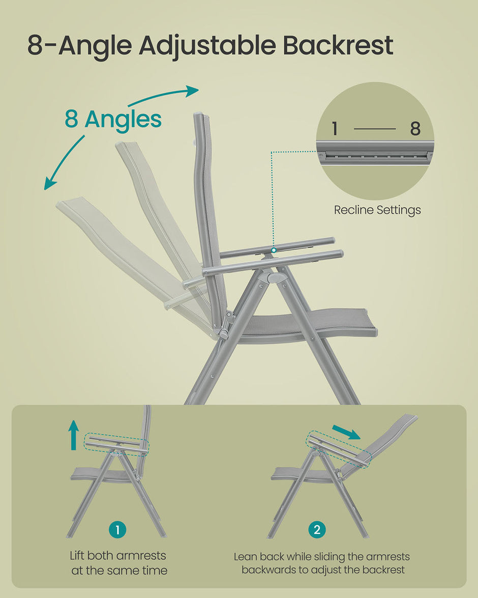 Folding Garden Chair – Aluminum – Grey – 8-Angle Reclining Backrest, Max Capacity 150 kg