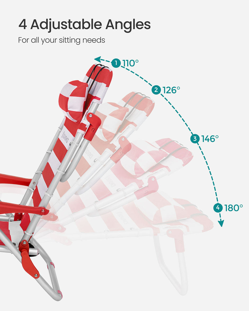 Folding Camping Chair – Aluminium – Red and White – Portable with Pillow and Reclinable Feature