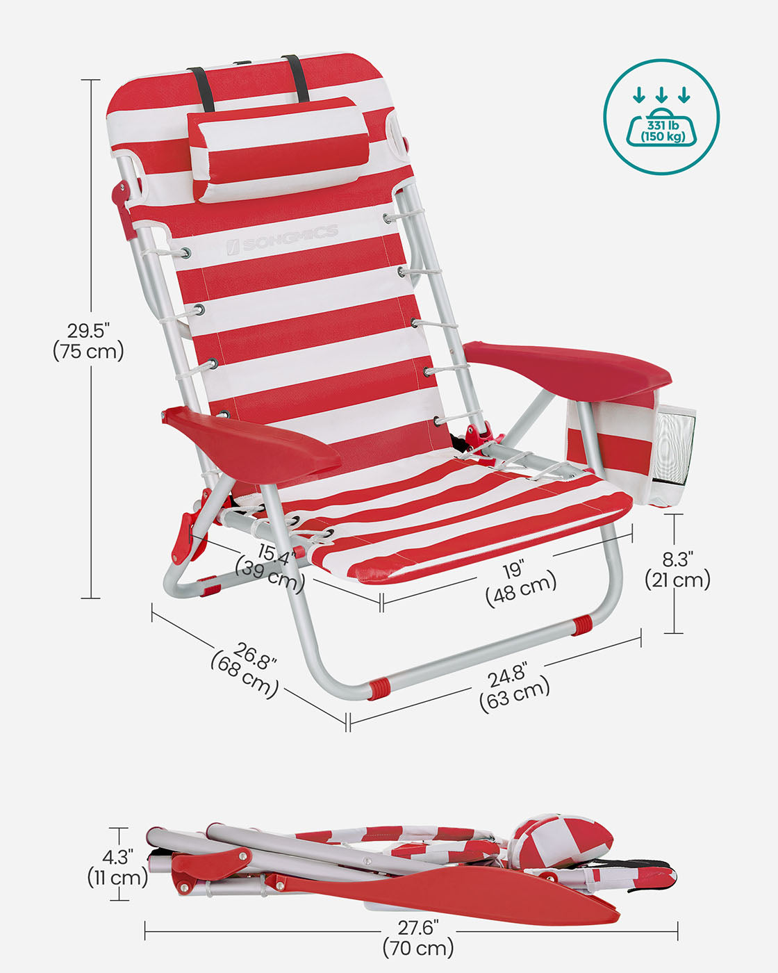 Folding Camping Chair – Aluminium – Red and White – Portable with Pillow and Reclinable Feature
