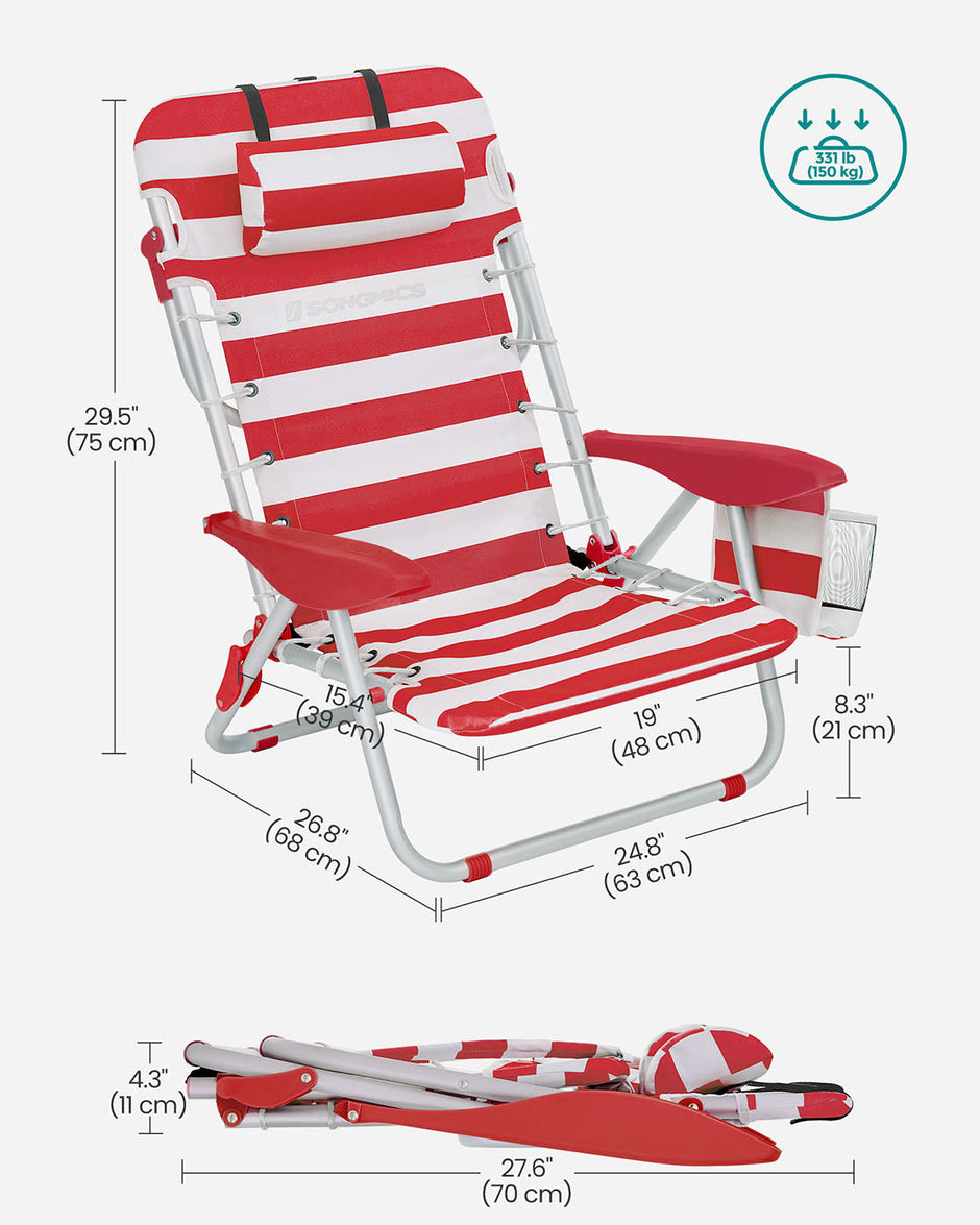 Folding Camping Chair – Aluminium – Red and White – Portable with Pillow and Reclinable Feature