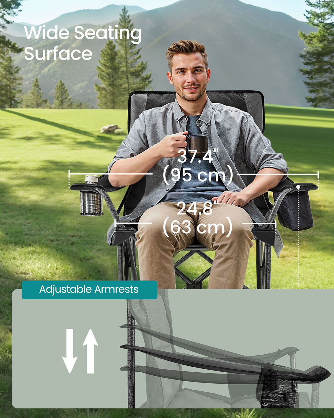 Folding Camping Chair – Foam – Ink Black – High Backrest with Cup Holder