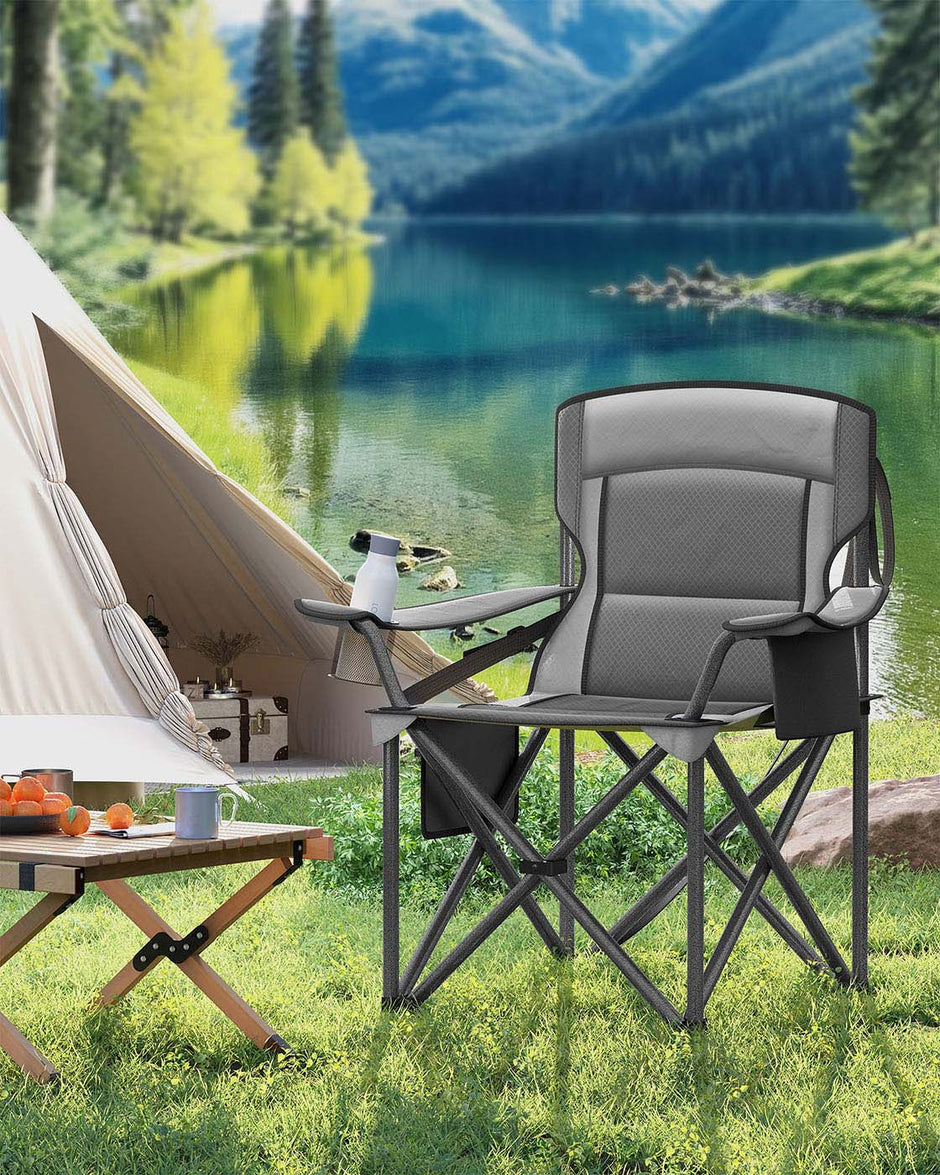 Folding Camping Chair – Foam Padding – Slate Grey – High Backrest with Cup Holder