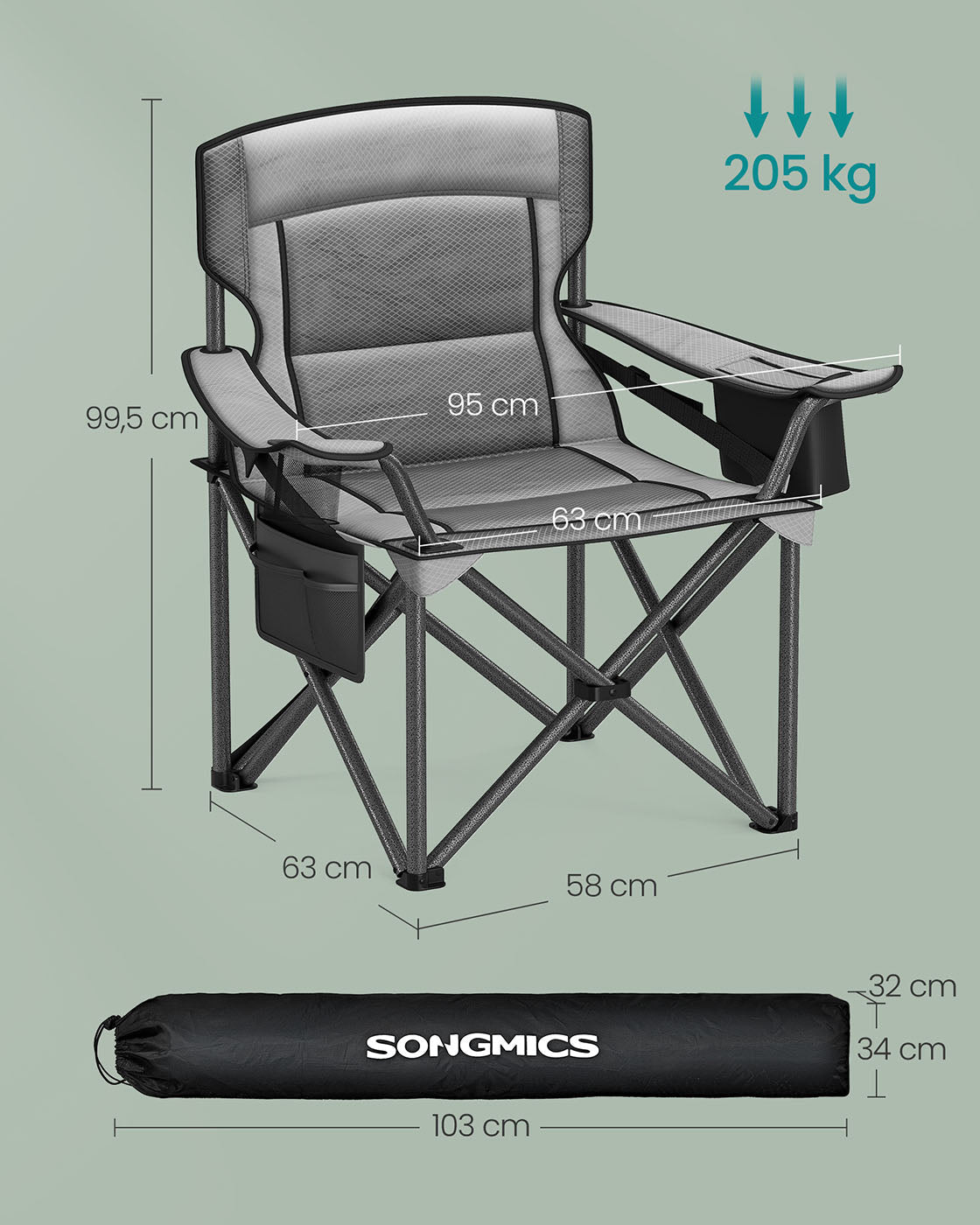 Folding Camping Chair – Foam Padding – Slate Grey – High Backrest with Cup Holder