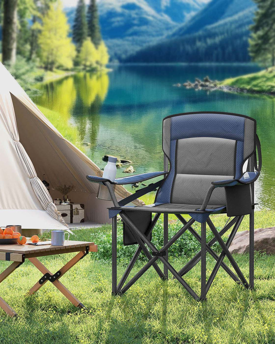 Folding Camping Chair – Foam Padding – Harbor Blue – High Backrest with Cup Holder, 205 kg Capacity