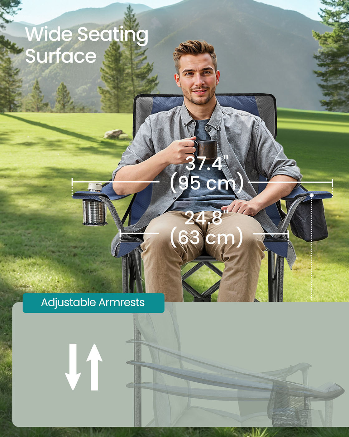 Folding Camping Chair – Foam Padding – Harbor Blue – High Backrest with Cup Holder, 205 kg Capacity