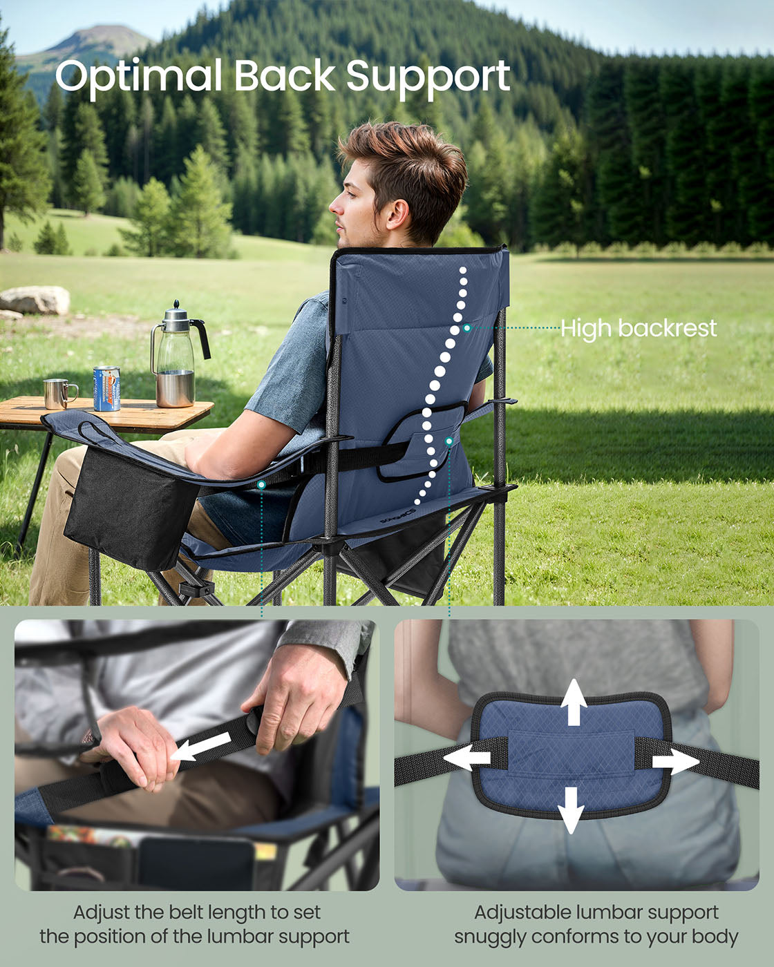 Folding Camping Chair – Foam Padding – Harbor Blue – High Backrest with Cup Holder, 205 kg Capacity