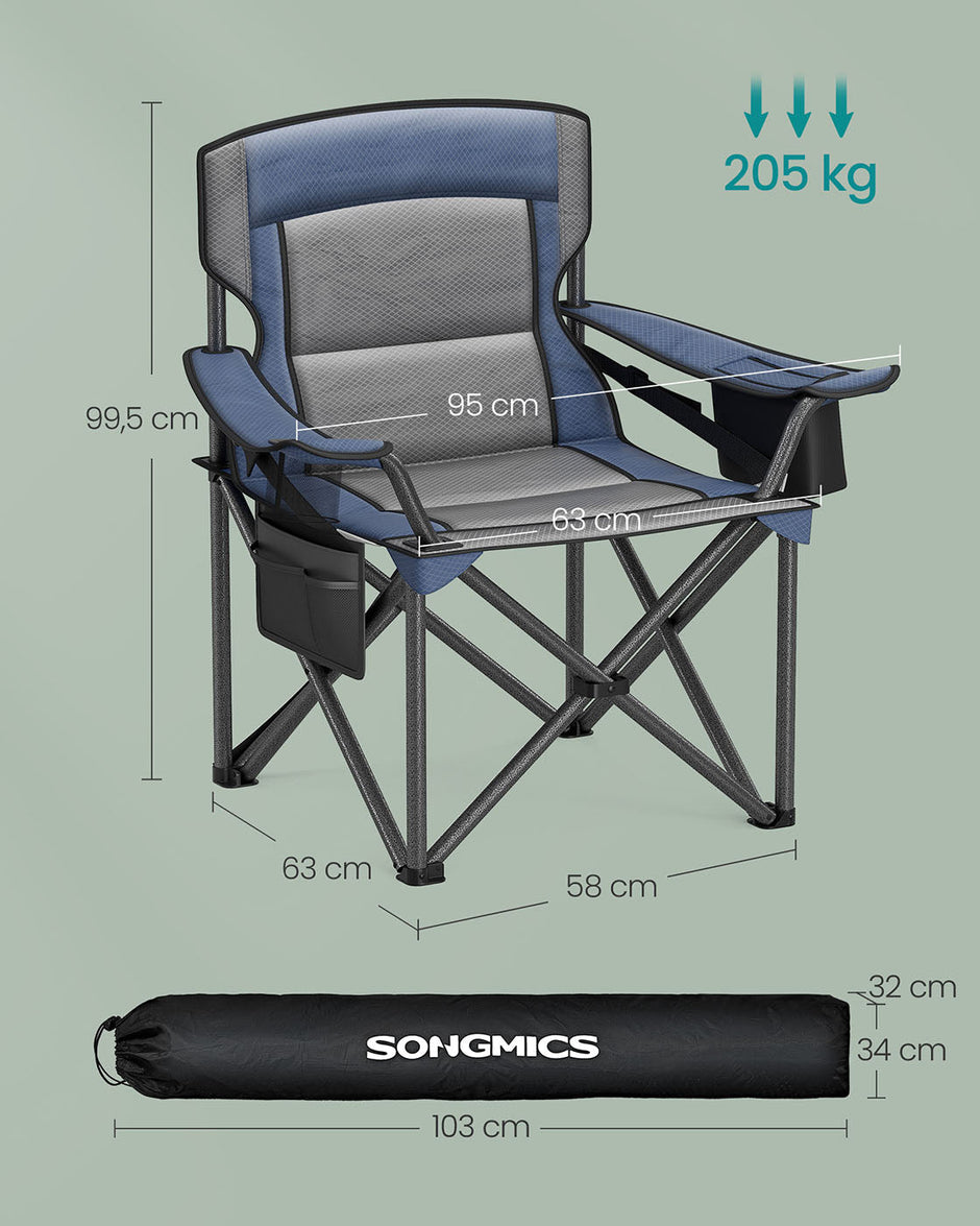 Folding Camping Chair – Foam Padding – Harbor Blue – High Backrest with Cup Holder, 205 kg Capacity