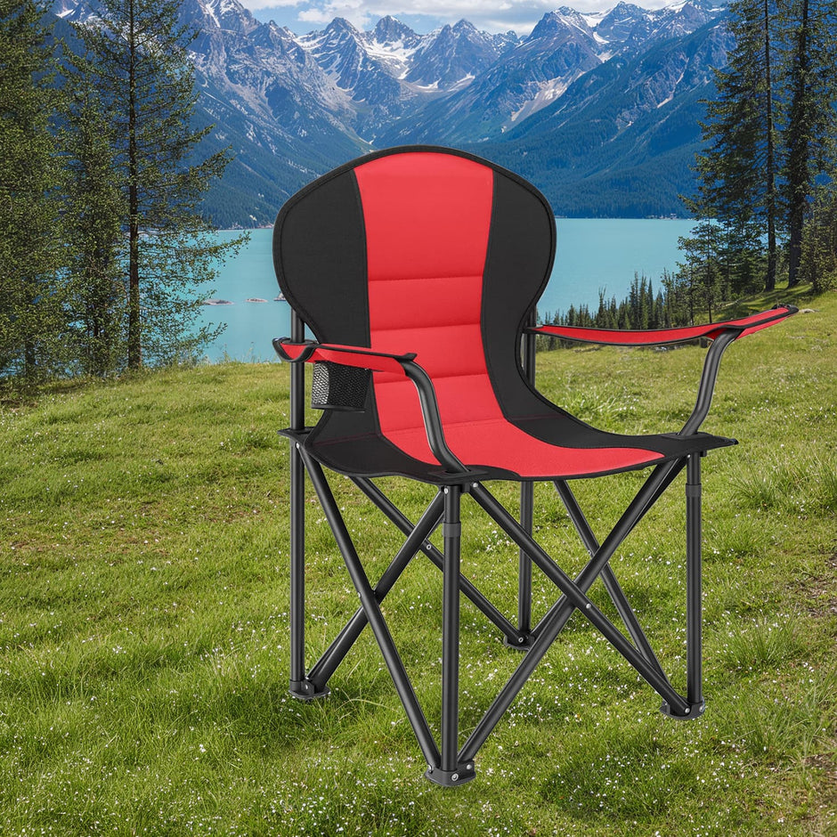 Folding Camping Chair – Heavy-Duty Metal – Grey and Black – Padded Seat with Cup Holder