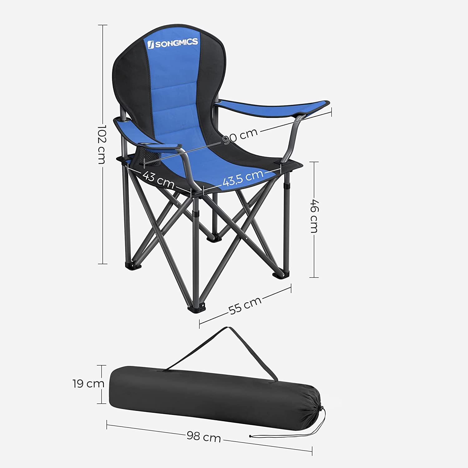 Foldable Camping Chair – Fabric – Black – 250 kg Load Capacity with Cup Holder