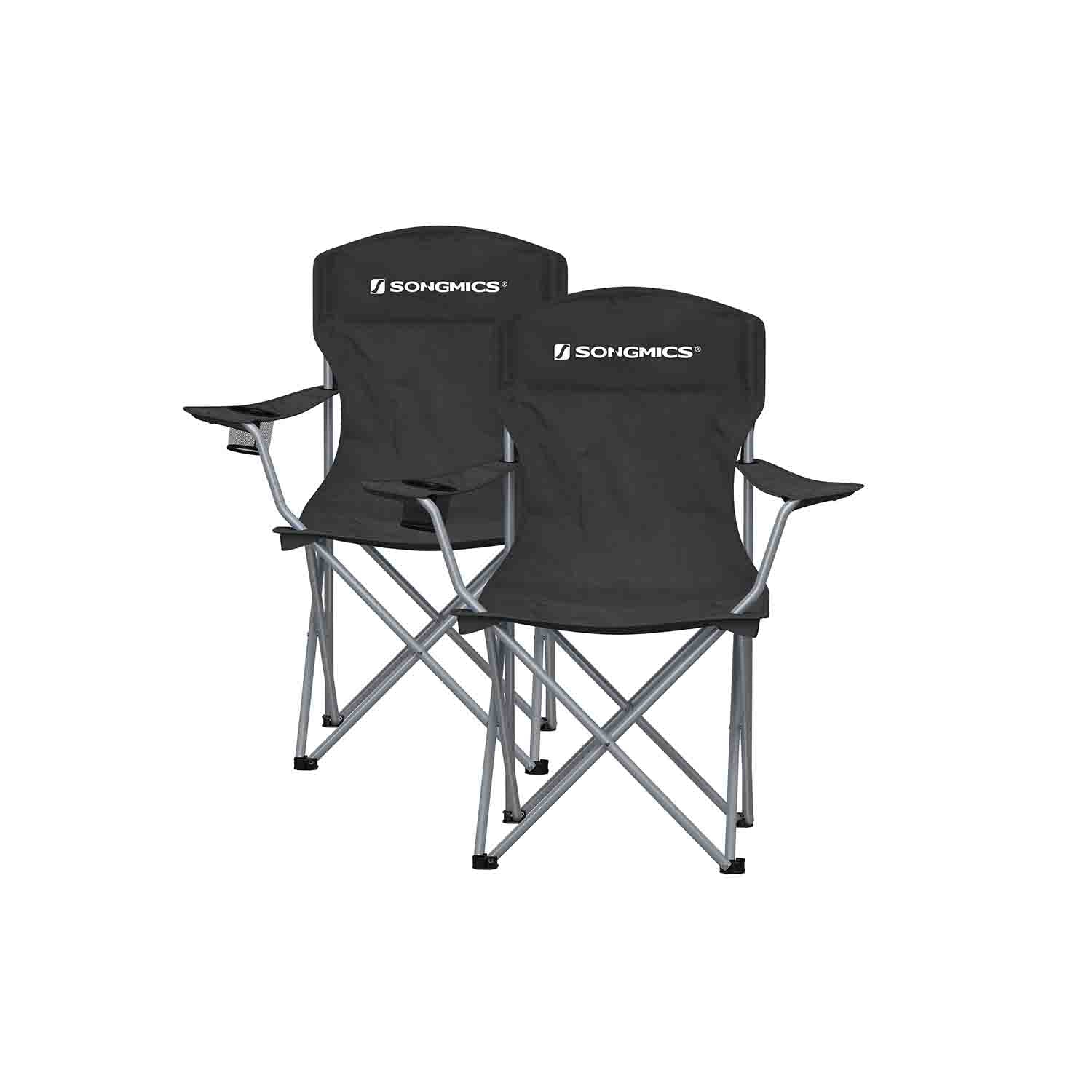 Set of 2 Folding Camping Chairs – Sturdy Frame – Black – Comfortable Design with Bottle Holder
