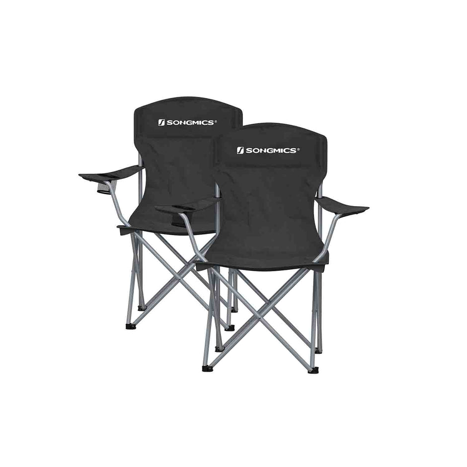 Set of 2 Foldable Camping Chairs – Sturdy Metal Frame – Black – Comfortable with Bottle Holder
