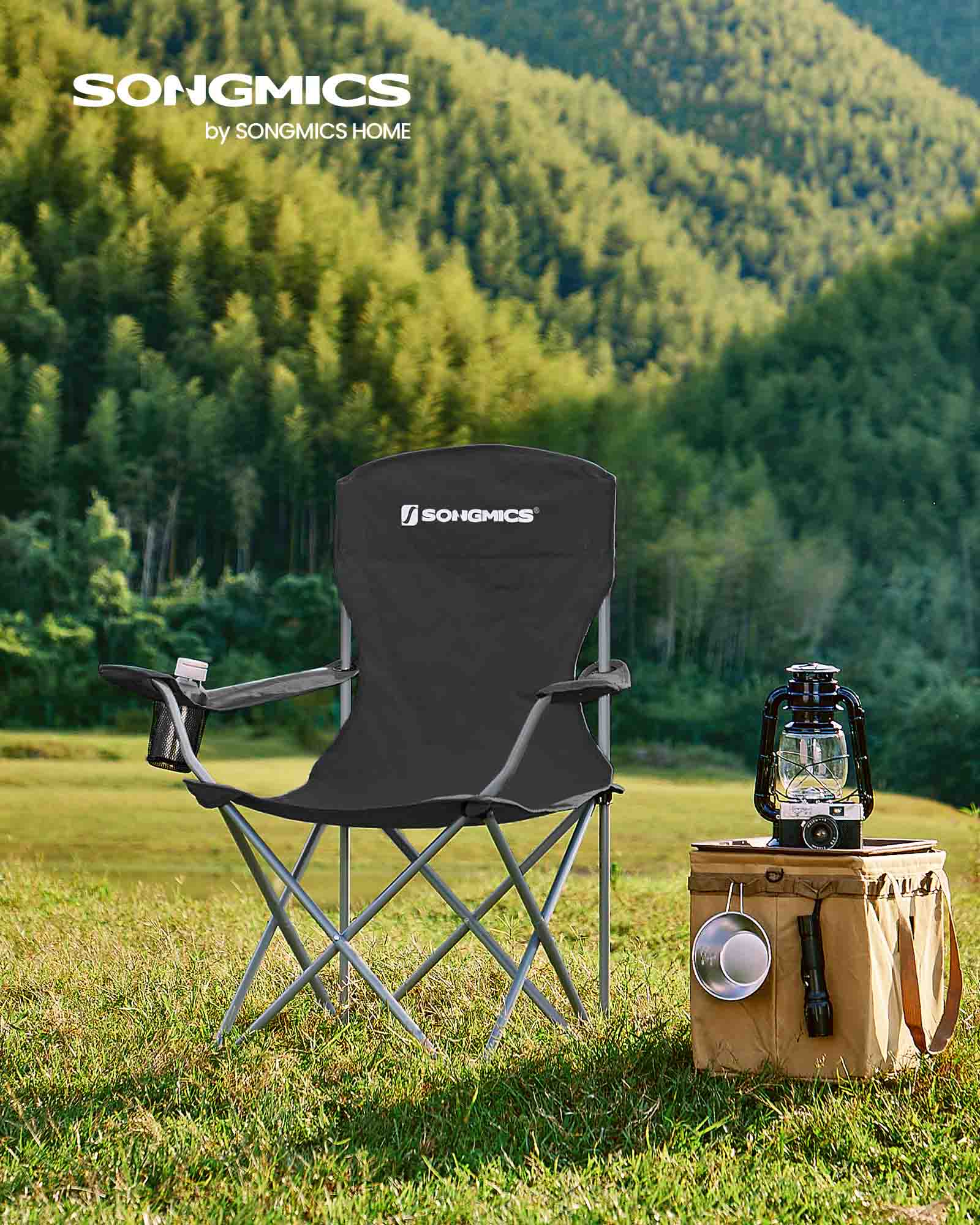 Set of 2 Folding Camping Chairs – Sturdy Frame – Black – Comfortable Design with Bottle Holder
