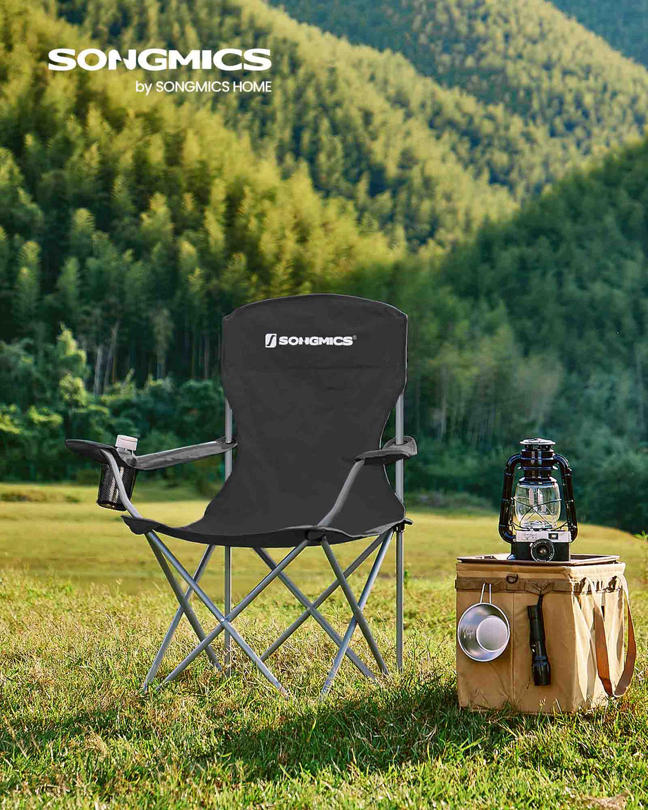 Set of 2 Folding Camping Chairs – Sturdy Frame – Black – Comfortable Design with Bottle Holder