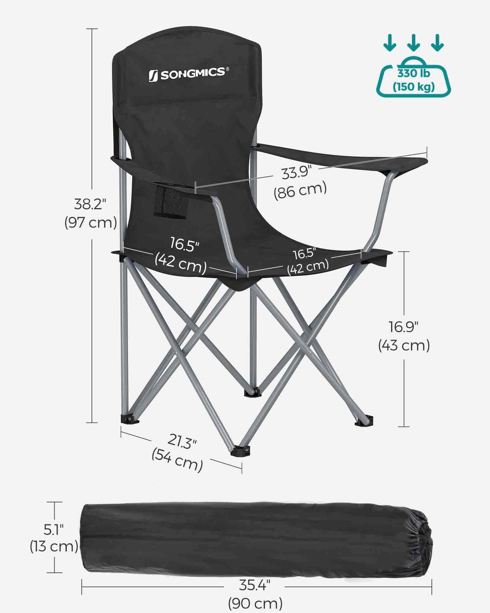 Set of 2 Folding Camping Chairs – Sturdy Frame – Black – Comfortable Design with Bottle Holder