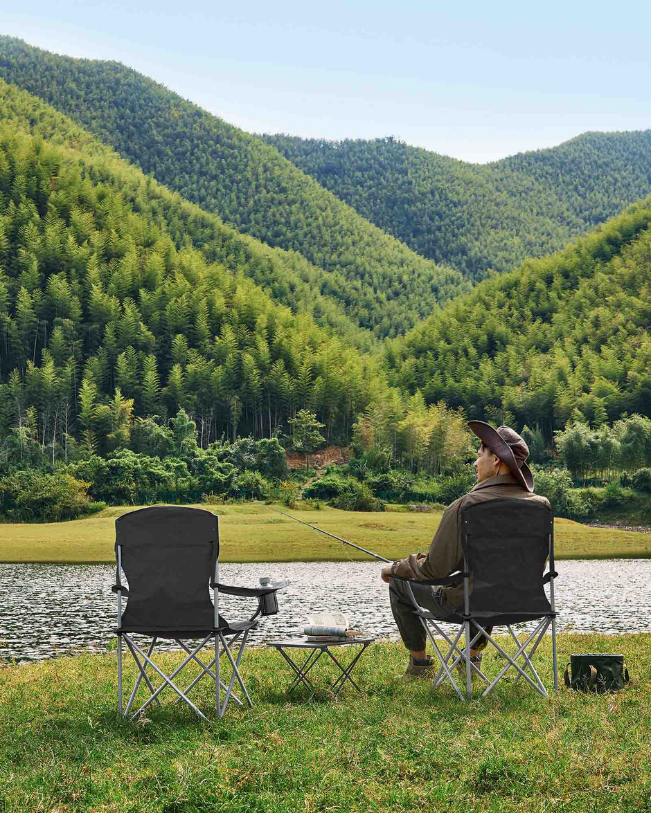 Set of 2 Folding Camping Chairs – Sturdy Frame – Black – Comfortable Design with Bottle Holder