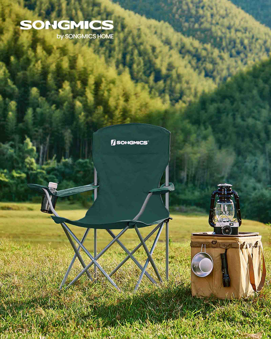 Set of 2 Foldable Camping Chairs – Sturdy Metal Frame – Black – Comfortable with Bottle Holder