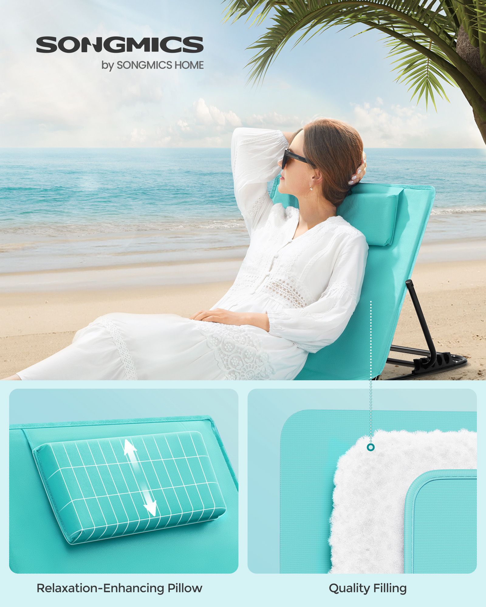 Folding Beach Sunlounger – Fabric – Lake Blue – Lightweight Portable with Handle, 158 x 55 cm