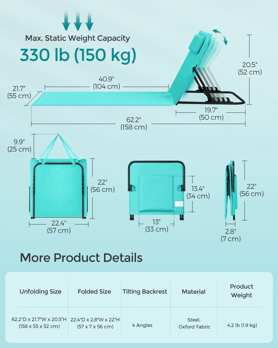 Folding Beach Sunlounger – Fabric – Lake Blue – Lightweight Portable with Handle, 158 x 55 cm