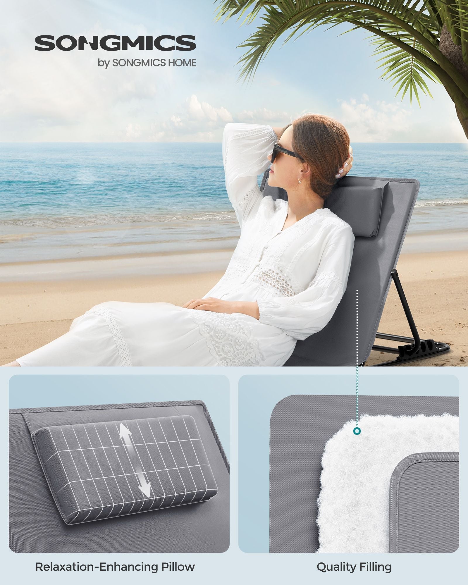 Folding Beach Sunlounger – Lightweight Fabric – Slate Grey – Portable with Reclining Backrest and Handle