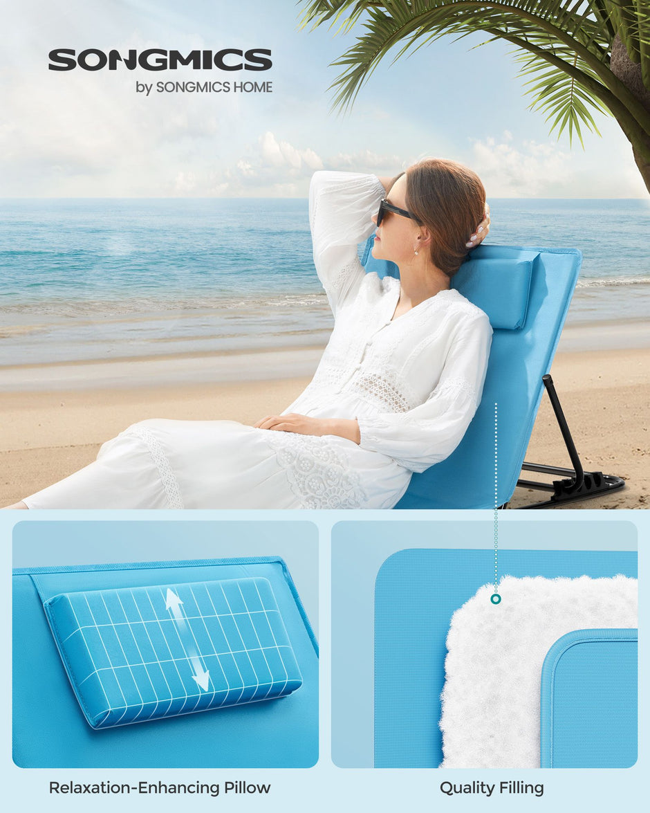 Folding Beach Sunlounger – Fabric – Sky Blue – Lightweight with Reclining Backrest and Handle
