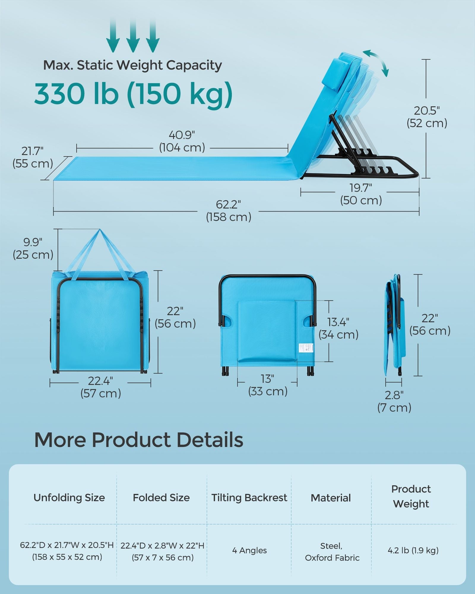 Folding Beach Sunlounger – Fabric – Sky Blue – Lightweight with Reclining Backrest and Handle