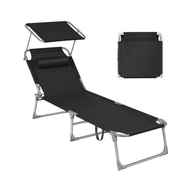 Sun Lounger – Metal and Fabric – Taupe – Adjustable Backrest with Headrest and Sunshade