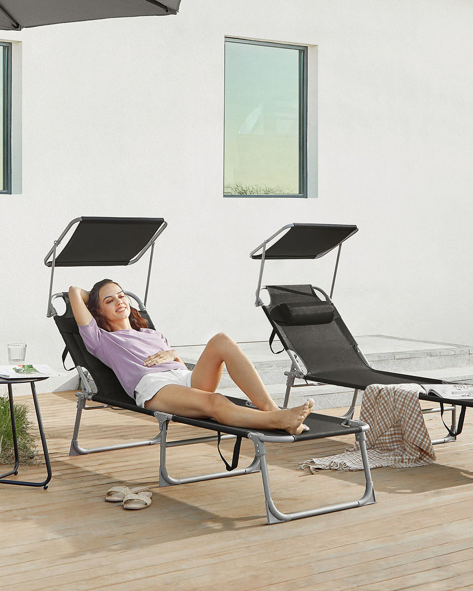 Folding Sun Lounger – Fabric – Taupe – Adjustable Backrest with Sunshade