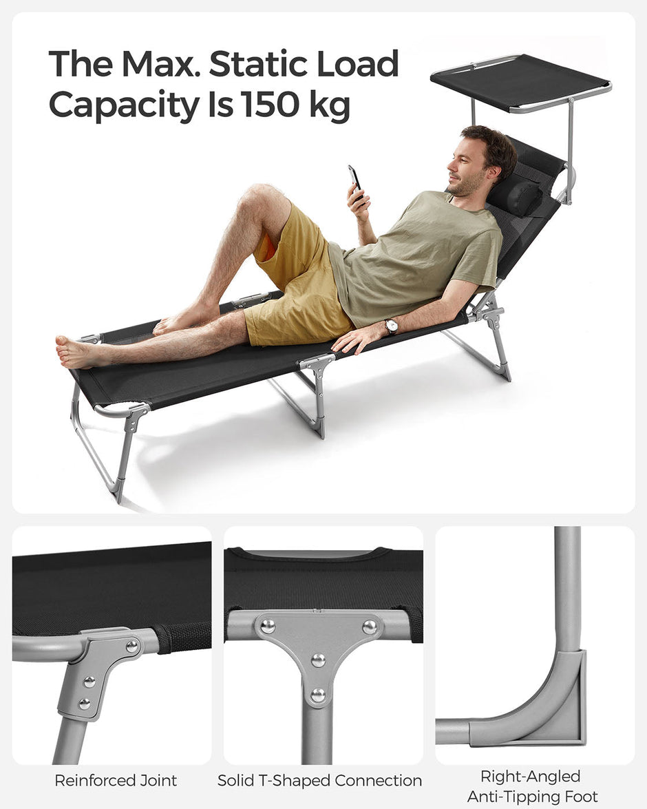 Folding Sun Lounger – Fabric – Taupe – Adjustable Backrest with Sunshade