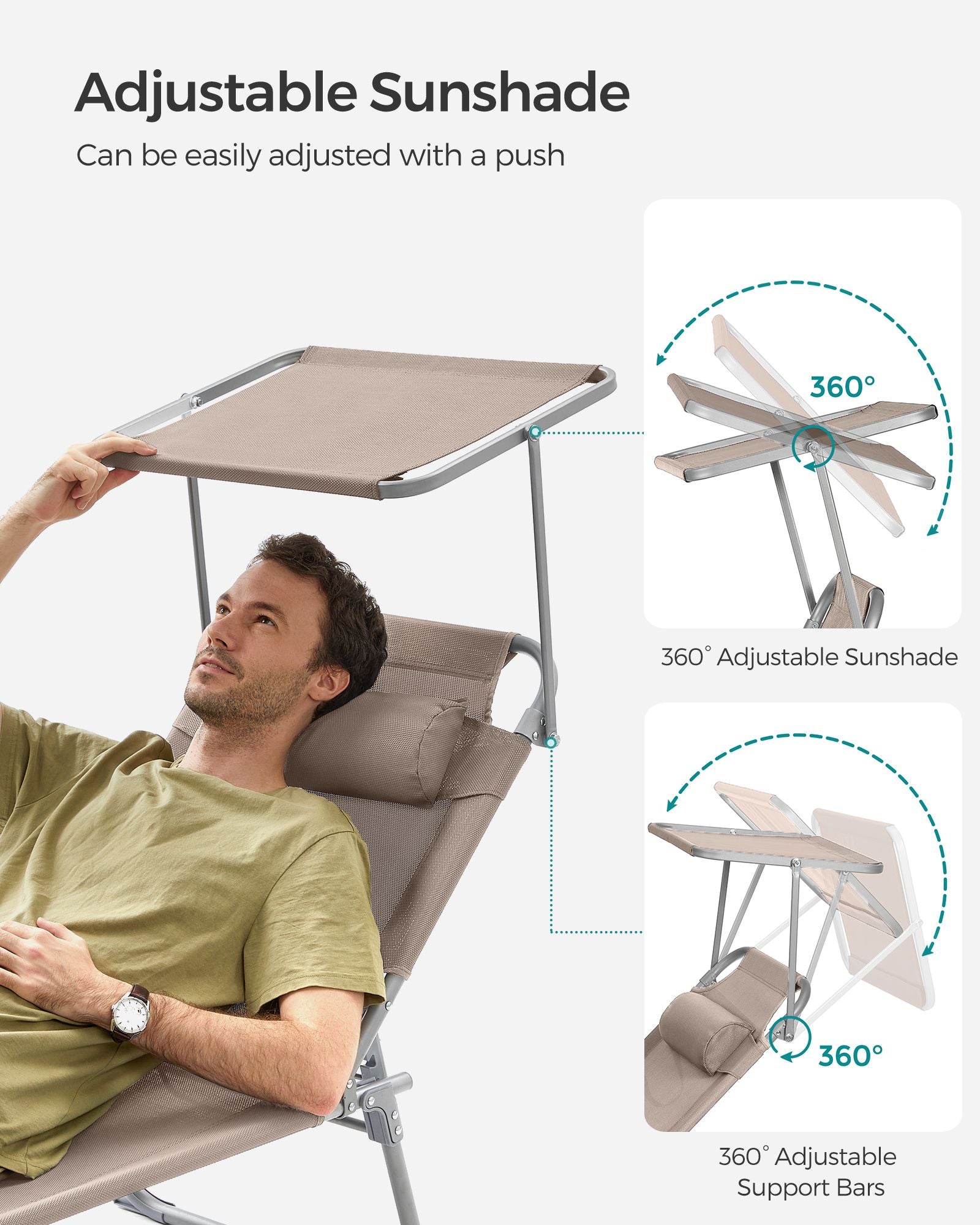 Foldable Sun Lounger – Fabric – Taupe – Adjustable Backrest with Headrest